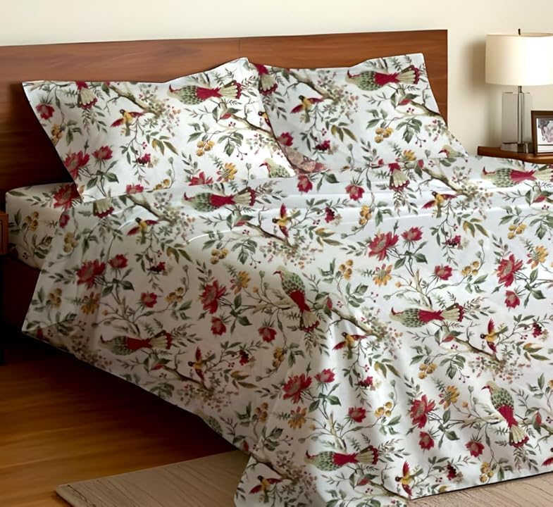 Hand Printed Cotton Bedsheet For King Size With 2 Pillow Covers | 90 X 108 Inches, White & Red | Ultra-Soft & Skin-Safe | Breathable Summer Comfort
