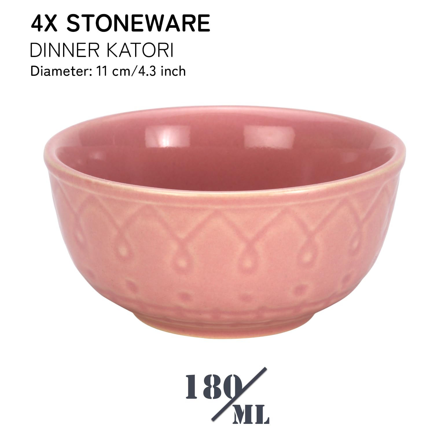 Ceramic Hand Glazed Stoneware Embossed Dinner Katori Set Of 4 - 180ml Each, Light Pink | Microwave Safe & Dishwasher Safe - Small Serving Bowl Set