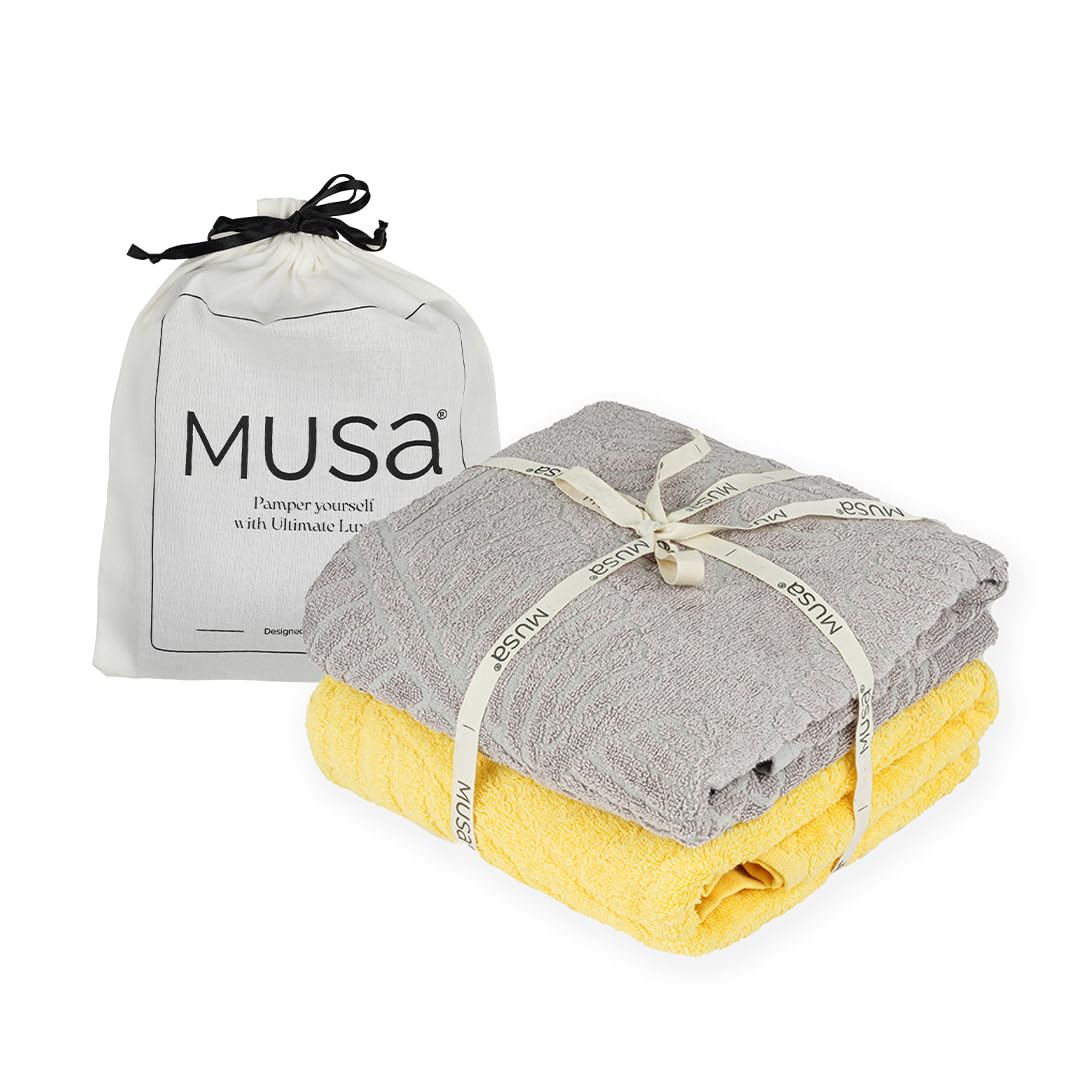 Musa Banana Bath Towels 400 Gsm | Towels With Free Bag Terry Towels Large Size | Super Soft & Super Absorbent (Shadow Grey + Golden Sunshine) Pack Of 2