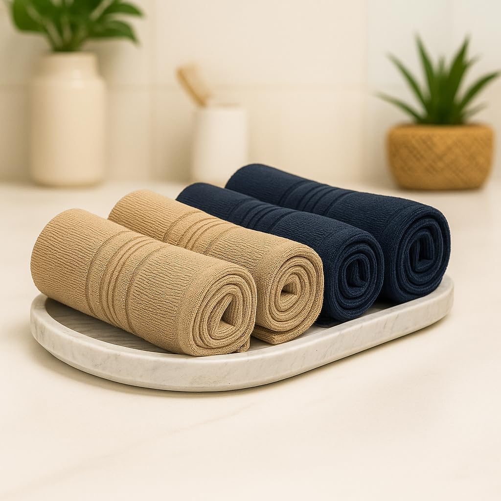 Akiko Home 100% Cotton Essential Series Face Towel 600 Gsm | Soft Absorbent & Durable Washcloth For Men & Women, Compact Travel Towel -Pack Of 4 (Beige & Navy)