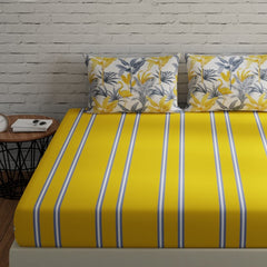 144 TC Double Bedsheet For Queen Size With 2 Pillow Covers - 88 X 96 Inches, Yellow & Grey | Printed Stripes & Flamingos | Perfect Gift For Anniversary, Wedding