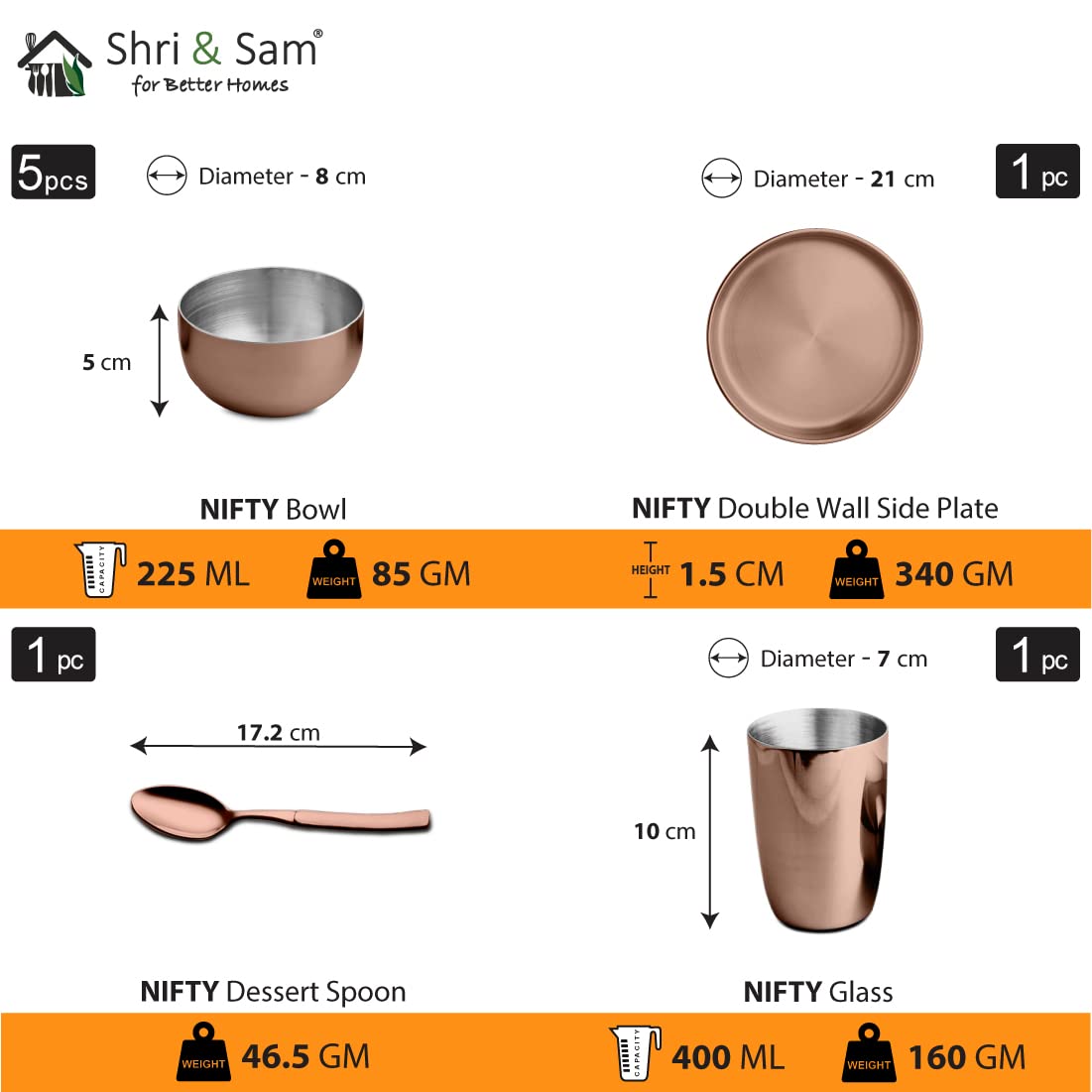 Stainless Steel Rose Gold Nifty Thali Set Of 9 Pieces, Copper | 5 Katoris+ 1 Glass+ 1 Quarter Plate+ 1 Full Plate+ 1 Dessert Spoon