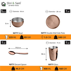 Stainless Steel Rose Gold Nifty Thali Set Of 9 Pieces, Copper | 5 Katoris+ 1 Glass+ 1 Quarter Plate+ 1 Full Plate+ 1 Dessert Spoon