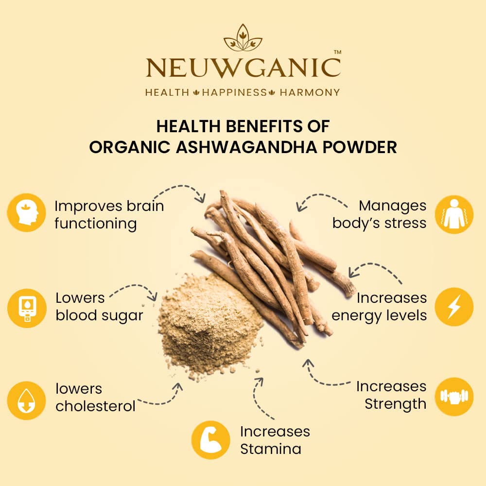 Neuwganic Organic Ashwagandha Powder (Root) India Organic & Usda Organic Certified, Ashwagandha Churna - Important For Vitality & Strength | 500gm 1.1lbs