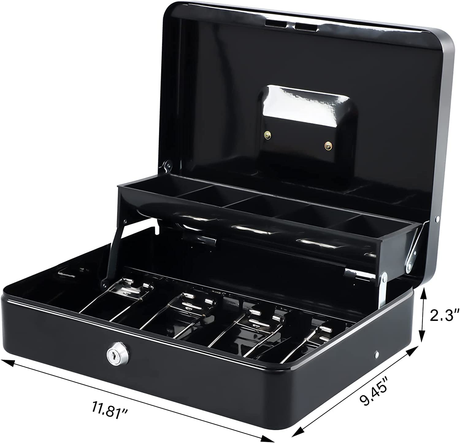 Cash Box With Key Lock & 2 Level Money Tray, Metal Money Box, 4 Note & 5 Coin Slots, Large Size: 30 * 24 * 9cm, Colour - Black, Special Feature - Portable