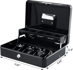 Cash Box With Key Lock & 2 Level Money Tray, Metal Money Box, 4 Note & 5 Coin Slots, Large Size: 30 * 24 * 9cm, Colour - Black, Special Feature - Portable