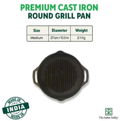 Pre-Seasoned Black Cast Iron Round Grill Pan With Double Handle - Medium, 26.7 Cm, 10.5 Inch, 0.6 Liters, 2.1 Kg | Induction Friendly, 100% Pure & Toxin-Free, No Chemical Coating