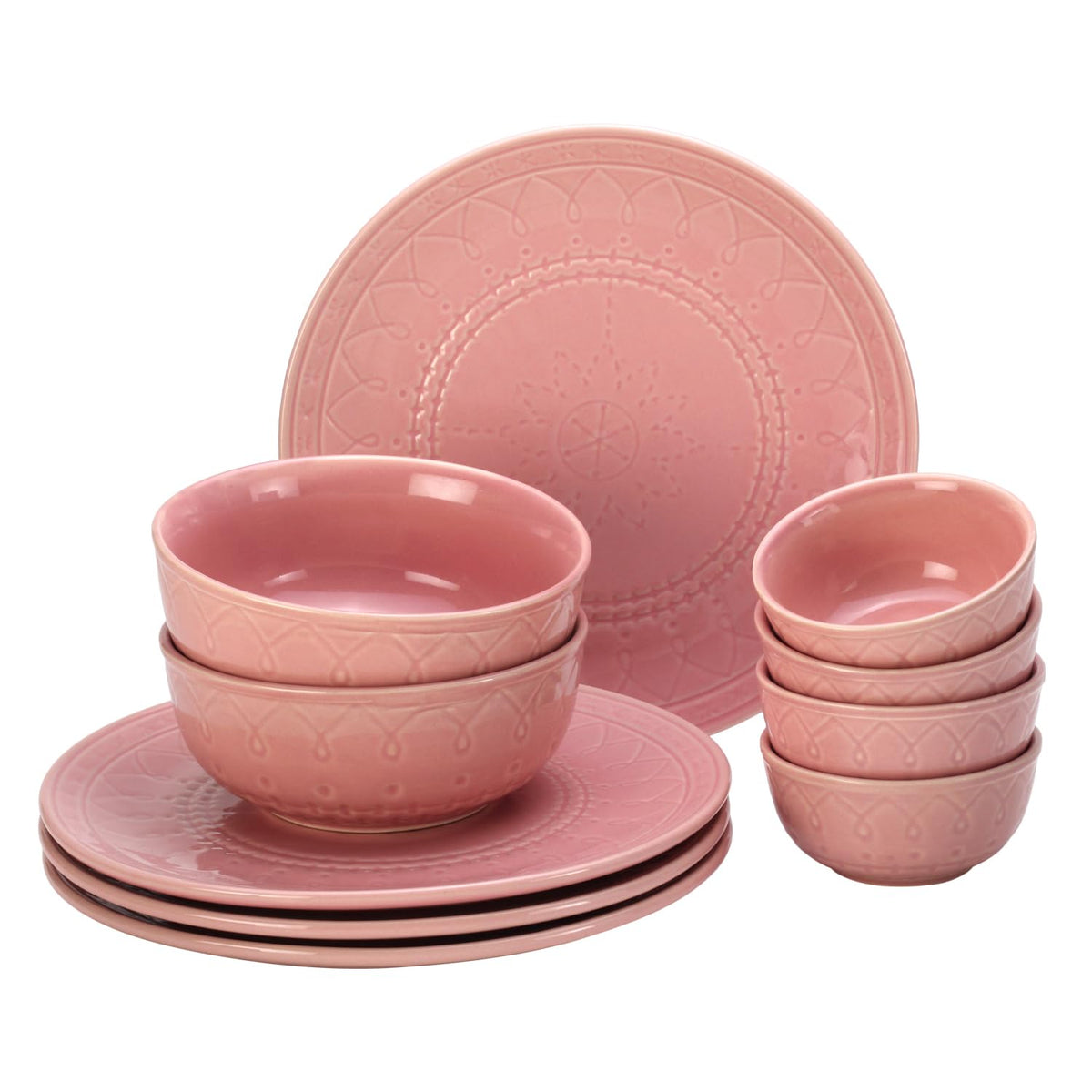 Handcrafted Ceramic Dinner Set Of 10 Pcs With Serving Bowls Set - Light Pink | 4 Dinner Plates + 4 Small Dinner Bowl, 180ml Each + 2 Serving Bowl, 1000ml Each | Dishwasher Safe - Serving For 4