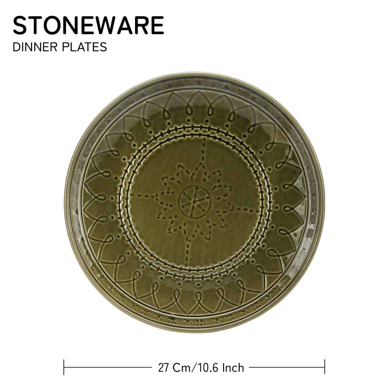 Ceramic Hand Glazed Stoneware Embossed Large Dinner Plates Set Of 4 - 10.6 Inch, Moss Green | Microwave Safe & Dishwasher Safe