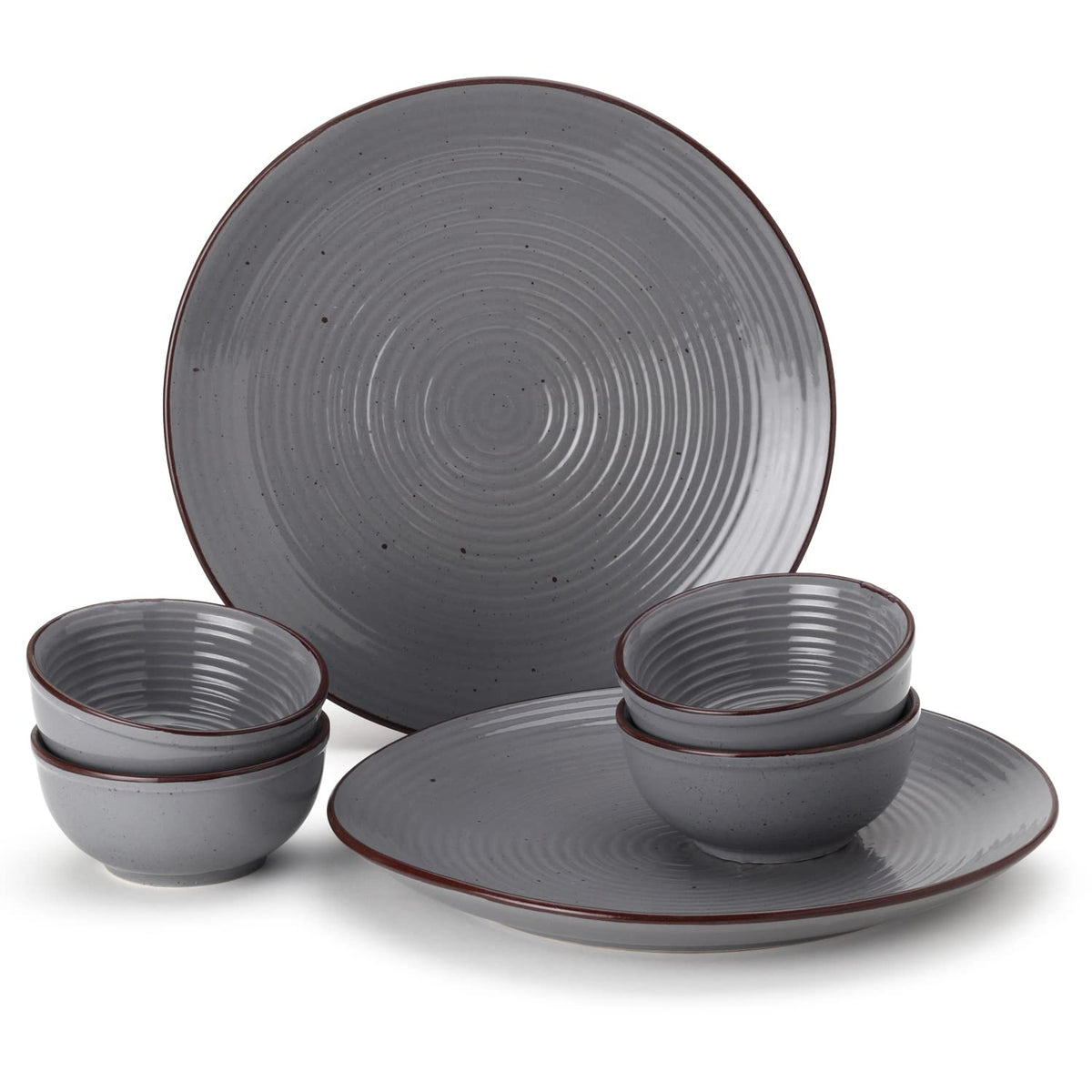 Hand Painted Ceramic Stoneware Dinner Set - Pack Of 6 Pcs, Grey | 2 Dinner Plates, 10 Inch Each + 4 Dinner Katori, 180ml Each - Microwave & Dishwasher Safe