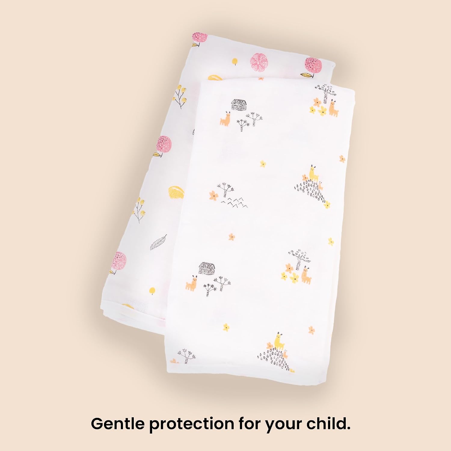 Haber Traditional Baby Muslin Bath Towel 160 Gsm | Organic Indian Cotton 4 Layer, Eco-Conscious & Safe Printed Cloth (Animals & Fruits)- Pack Of 2