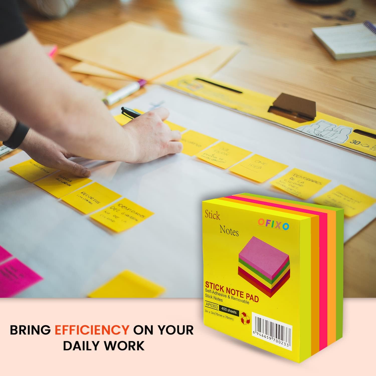 Super Sticky Note 3 X 3 Inches, Pack Of 5 Pads, Multicolor - 400pcs | Great Color Combination Pack