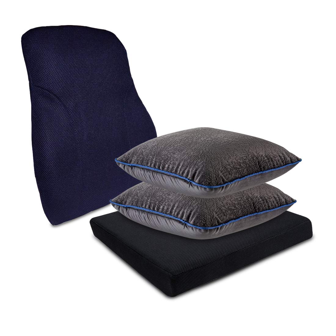 Orthopedic Memory Foam Pillow, High Resilience Chair Seat Pads & Car Cushion, Black & Blue | Lumbar Spine Support Backrest Pillow | Lightweight, Alleviates Lower Back Pain, Combo Pack