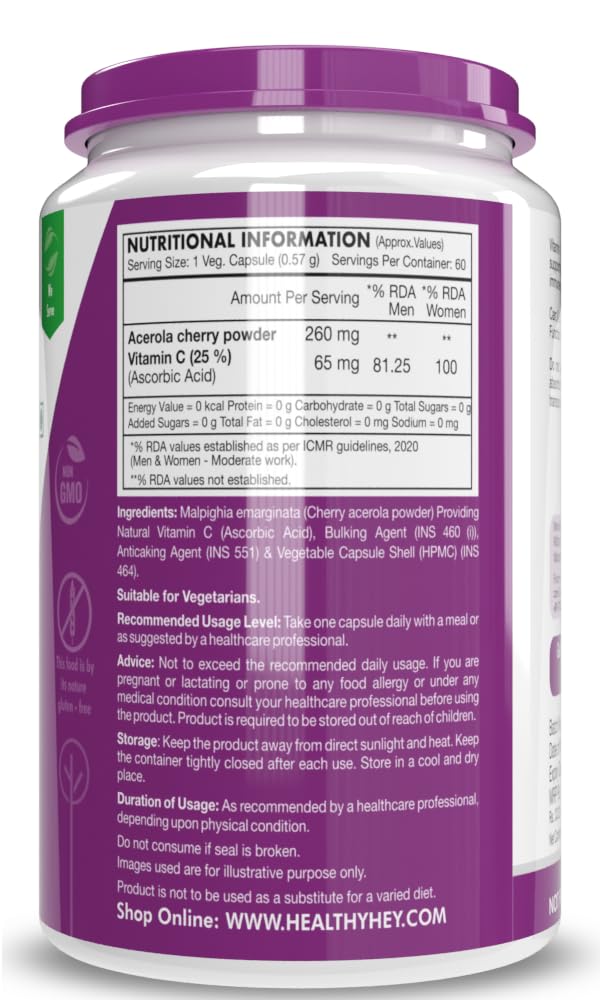 Healthyhey Nutrition 100% Natural Vitamin C From Cherry | 60 Veg. Capsules , 100gm 0.2lbs
