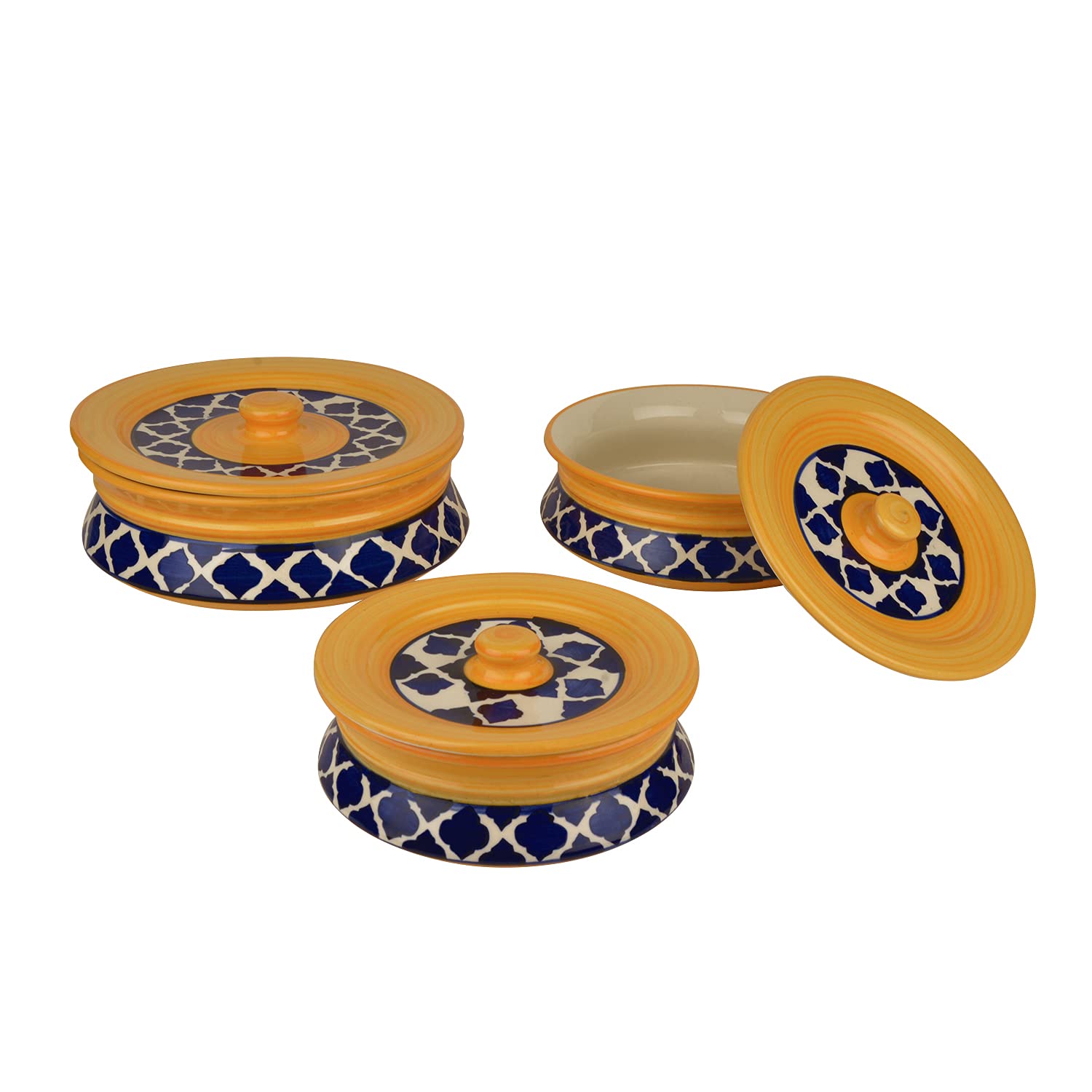 Hand Painted Ceramic Handi With Lid Set Of 3 - 1500ml, 1000ml & 700ml, Blue & Yellow | Dinner Serving Bowls - Biryani Handis, Serving Pots