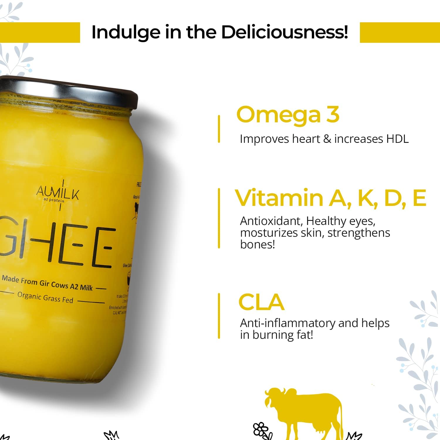 Natural Premium A2 Gir Cow Bilona Desi Ghee By Aumilk | Rich In Nutrients Healthy Desi Cow Ghee For Helps Improve Digestion | 500ml (250ml * 2) 16.9 Ounce | Jar Pack