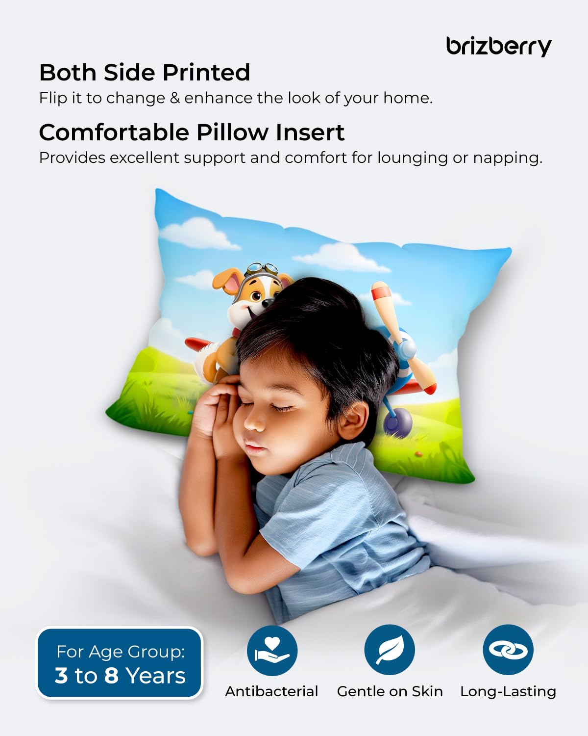 Kids Pillow Cushion With Super Soft Fabric, Animal & Cartoon Prints - 12x18 Inches | Dual Sided Design, Durable & Easy Care | Large & Versatile, Multi-Purpose, Made In India - Design 28
