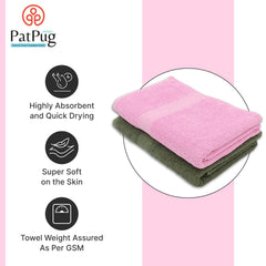 PatPug 100% Indian Ultra Soft Cotton 380 Gsm | Highly Absorbent, Fade Resistant Large Bath Towel (Sweet Pink And Olive Green) - Pack Of 2