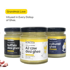 Natural A2 Cow Desi Ghee + Cultured Ghee & Buffalo Ghee By Hichkie | Rich In Vitamin A, D & K Healthy Vedic Bilona Method Pure Desi Ghee | 300ml (100ml * 3) 10.1 Ounce | Combo Pack