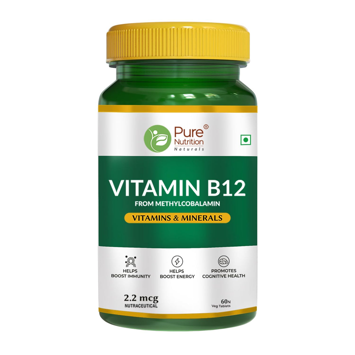 Pure Nutrition Vitamin B12 , Active Form Of Methylcobalamin | For Men & Women , Helps Boost Immunity & Energy , Promotes Brain & Nerve Health | 60 Veg Tablets , 100gm 0.2lbs