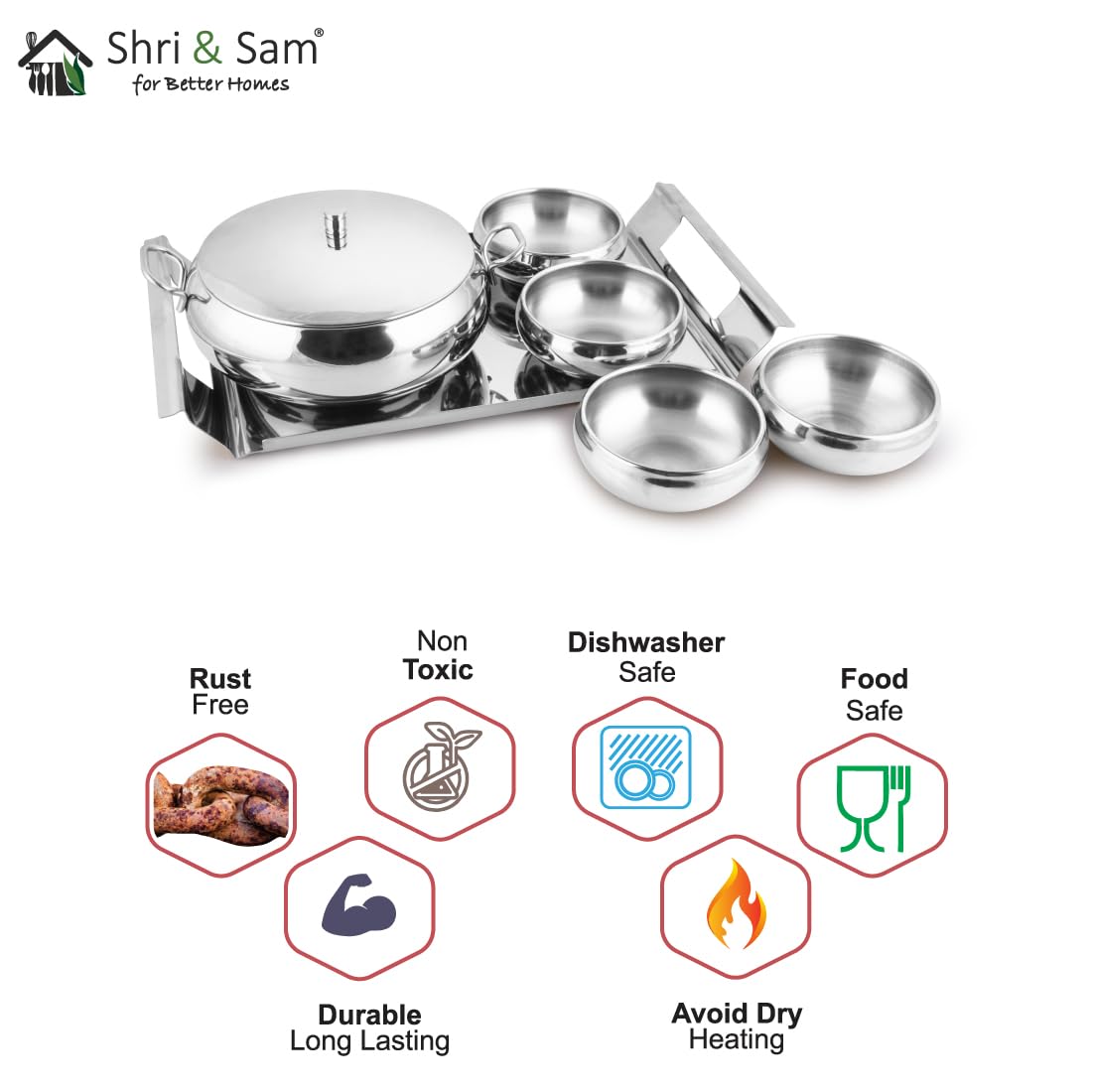 Stainless Steel Farm House Serving Set, Silver | 1 Big Serving Bowl With Lid, 1000ml + 4 Small Bowls+ 1 Tray