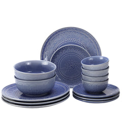 Handcrafted Stoneware Ceramic Dinner Set Of 14 Pcs With Serving Bowl Set - Mist Blue | 4 Dinner Plates+ 4 Small Plates+ 4 Small Bowls, 180ml Each+ 2 Serving Bowls, 1000ml Each | Dishwasher Safe