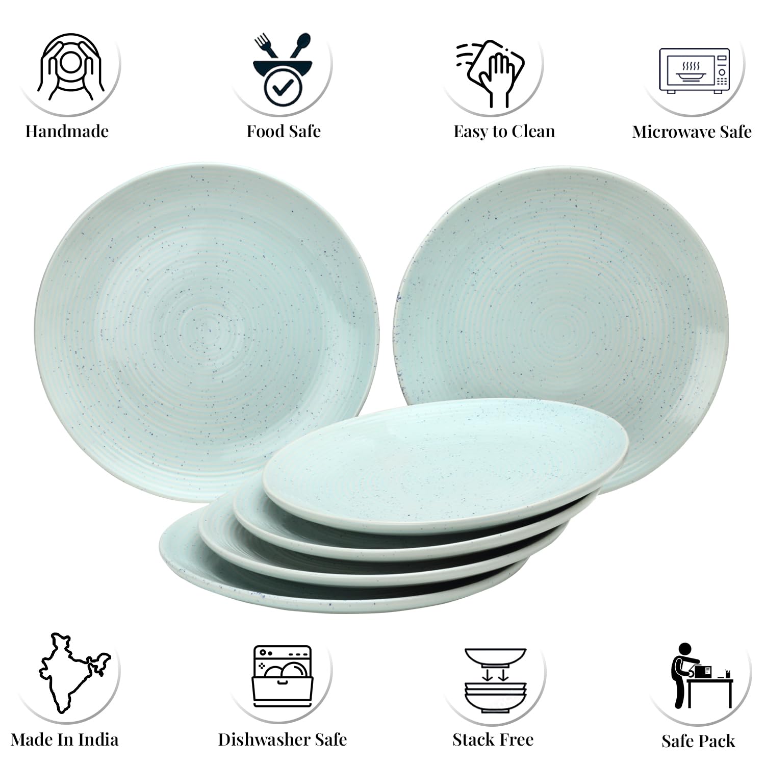 Ceramic Hand Glazed Stoneware Large Dinner Plates Set Of 6 - 10.6 Inch, Mint Green | Microwave Safe & Dishwasher Safe - Handcrafted Dinner Plates