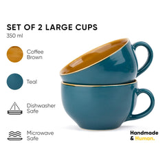Large Ceramic Coffee Cup Set Of 2 - Teal Green, 350ml Each | Cappuccino Cup With Glossy Finish - Large Ceramic Coffee Cup | Premium Stoneware Coffee Cup - Microwave Safe, XL Cuppa