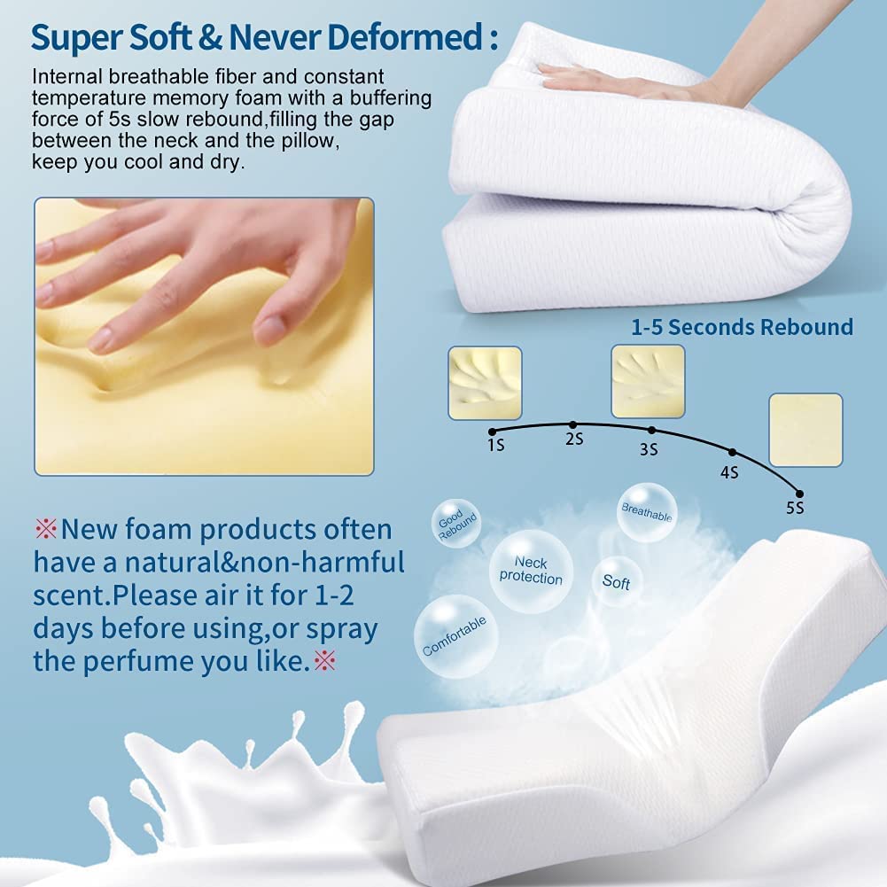 Memory Foam Pillow For Sleeping, Contour Cervical Orthopedic Pillow - White | For Neck & Shoulder Pain Relief For Sleeping, Ergonomic Cervical Pillow, Neck Support, Adjustable Pillow