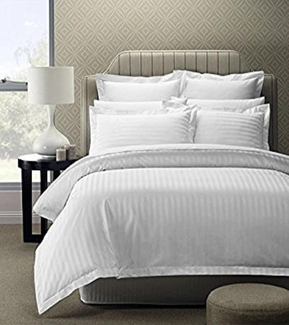 100% Cotton Stripes King Size Fitted Bedsheet With 2 Pillow Covers - 100 X 108 Inches, White | Premium Fabric Is Lightweight, Soft & Comfortable
