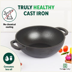 Pre-Seasoned Black Cast Iron Cookware Set - Tawa 30cm + Kadai 25.4 Cm, 2.3 Liters | Kitchen Cooking Combo Pots & Pans Set Of 2 Pcs - Naturally Nonstick