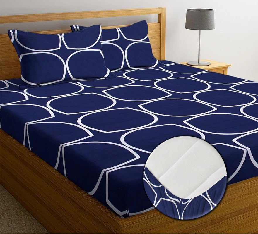 Premium Cotton Elastic Fitted Bedsheets With 2 King Size Pillow Covers - 72 X 78 + 10 Inches, Blue & White | Super Soft Brushed Glace | Breathable & Wrinkle Free
