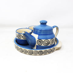 Hand Painted Blue Swirl Tea Set With Kettle | Ceramic Tea Kettle Set With 2 Cups, 150ml Each + 1 Kettle, 400ml + 1 Tray | 4 Pieces - Microwave Safe & Dishwasher Safe