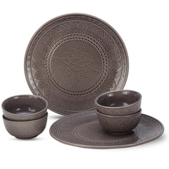 Handcrafted Stoneware Embossed Ceramic Dinner Set Of 6 Pcs - Ash Grey | 2 Dinner Plates + 4 Small Dinner Bowls, 180ml Each - Microwave & Dishwasher Safe