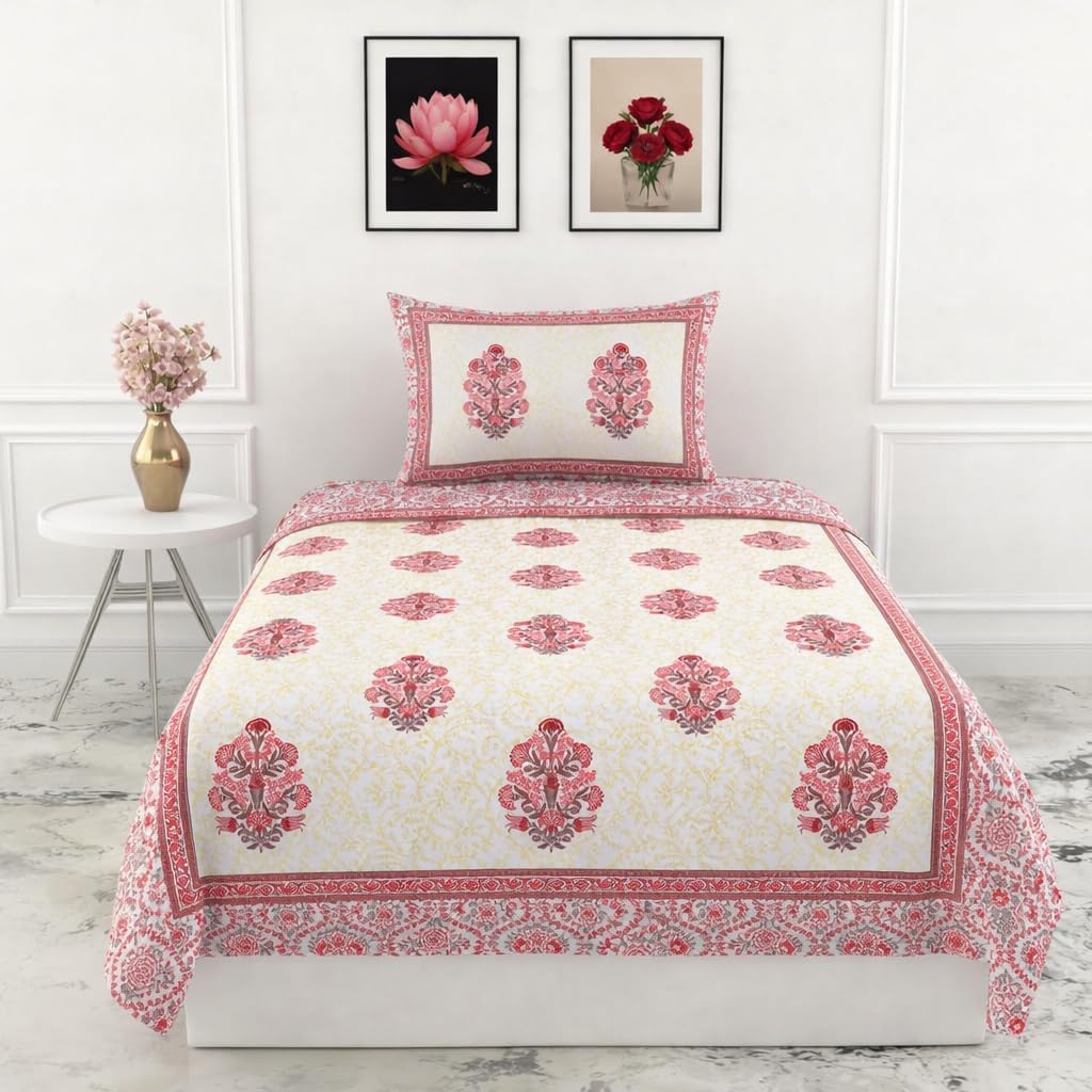 Soft Cotton Single Size Bedsheet With 1 Pillow Cover - 60 X 90 Inches, Cream & Red | Durable For Everyday Use - All Season Comfort