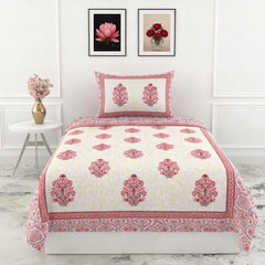 Soft Cotton Single Size Bedsheet With 1 Pillow Cover - 60 X 90 Inches, Cream & Red | Durable For Everyday Use - All Season Comfort