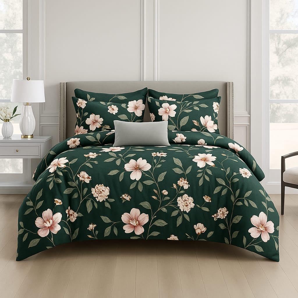 Queen Size Printed Double Bedsheet With Two Pillow Covers For Home | 90 X 100 Inches, Dark Green - Beautiful Bedsheet Set | Perfect For Gifting Wedding, Anniversary