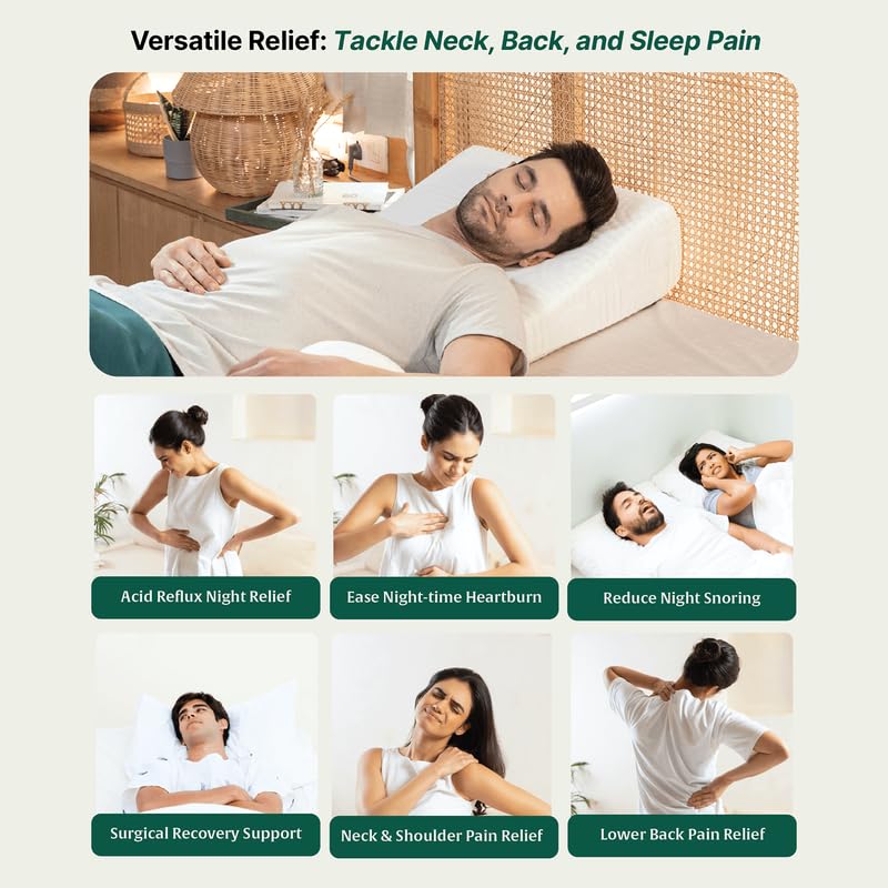 Bed Wedge Pillow, For Back Support & Sleeping, White, Standard Size, Low Height - 18 L X 18 W X 7 H Inch | Acid Reflux, Gerd, Post Surgery, Memory Foam & HR Foam Pillow With Cover
