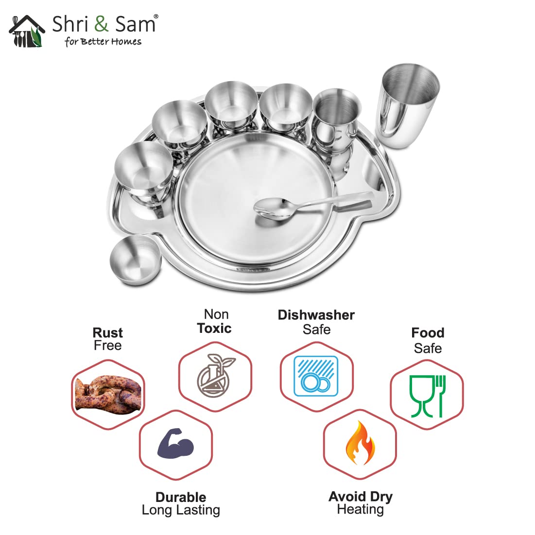 Stainless Steel Solid Small Nifty Thali Set Of 10 Pieces, Silver | 1 Full Plate+ 1 Quarter Plate+ 4 Bowls+ 1 Chutney Bowl+ 1 Glass+ 1 Dabra+ 1 Dessert Spoon