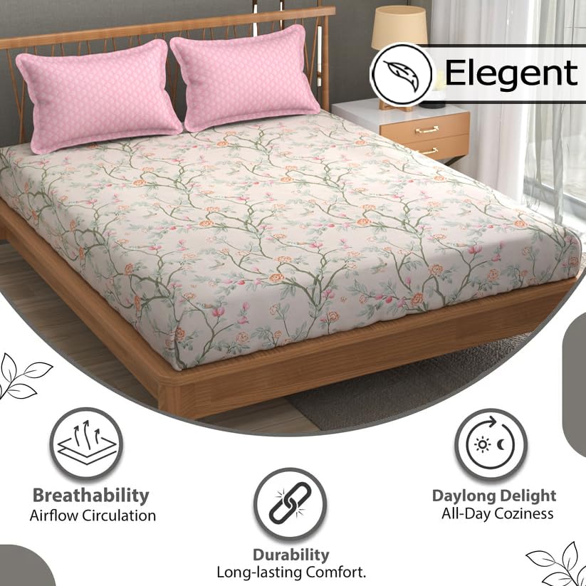 Printed King Size Bedsheet With 2 Pillow Cover - 108 X 108 Inches, Oyster-Pink | Double Bed Breathable & Wrinkle Free | All-Season Comfort Bedsheet