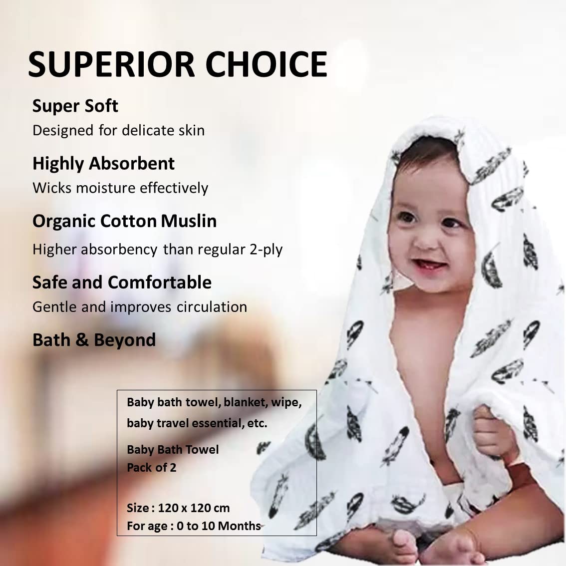 Organic Cotton Muslin Baby Bath Towel 200 Gsm | Cotton Cloth Premium Baby Washable Reusable, Absorbent, Extra Soft (Blackleave & Plusprint)- Pack Of 2