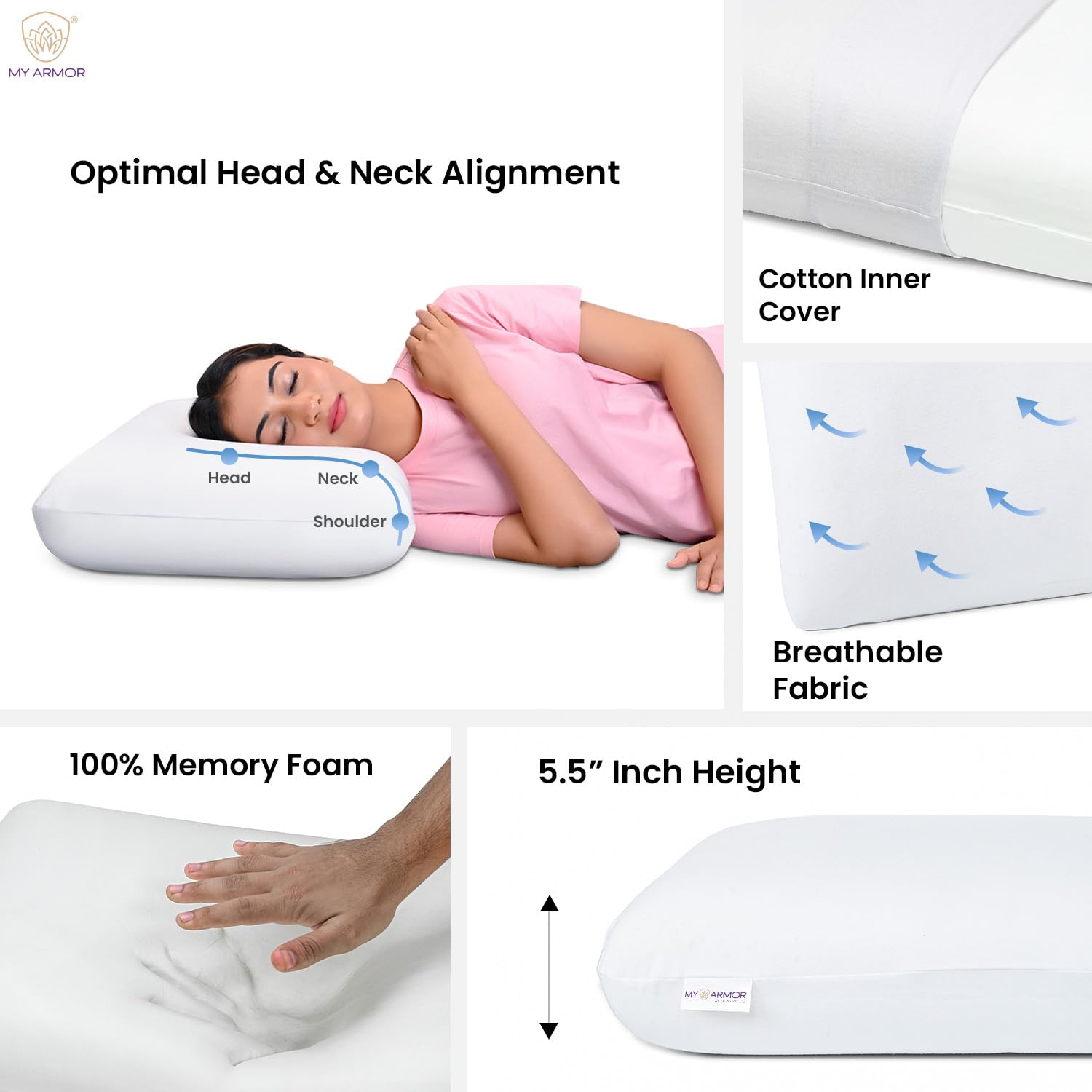 Memory Foam Pillow, Orthopedic Pillow For Side Sleeping, Thick Size - 5.5 Inch | White Pillow, Without Cover, Portable, Lightweight, Adjustable, Compressible, Breathable - Pack Of 1