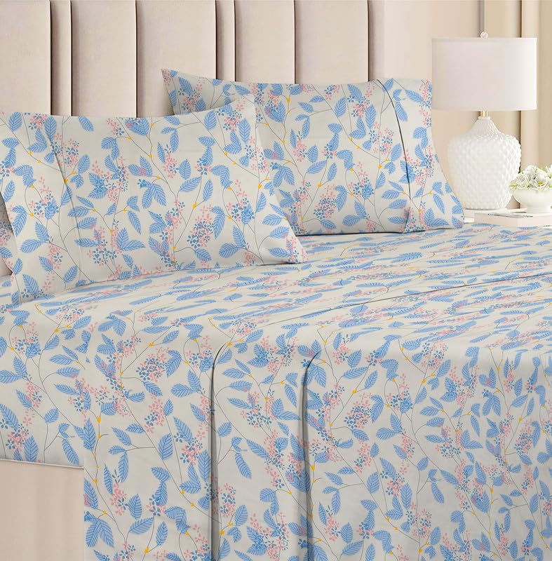 Double Floral Bedsheet With 2 Matching Pillow Covers | 88 X 90 Inches, Beige & Blue - Soft Brushed Microfiber & Breathable & Wrinkle Free