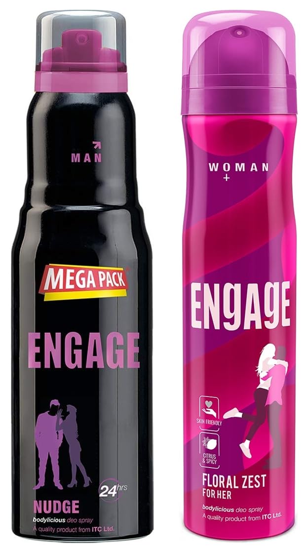 Engage Nudge Deodorant For Men Spicy & Woody S 220ml 7.4 Fl.oz. & Zest Deodorant For Women  Citrus & Floral , Skin Friendly 150ml 5 Fl.oz.