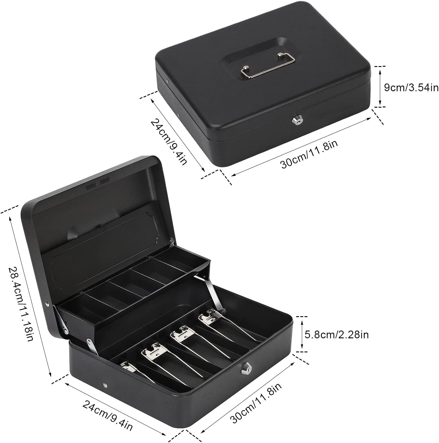 Cash Box With Key Lock, Metal Cash Box With Money Tray, Cash Register,5 Compartments Cantilever Tray & 4 Spring - Clips For Bills,11.81"X 9.45"X 3.54" Colour - Black