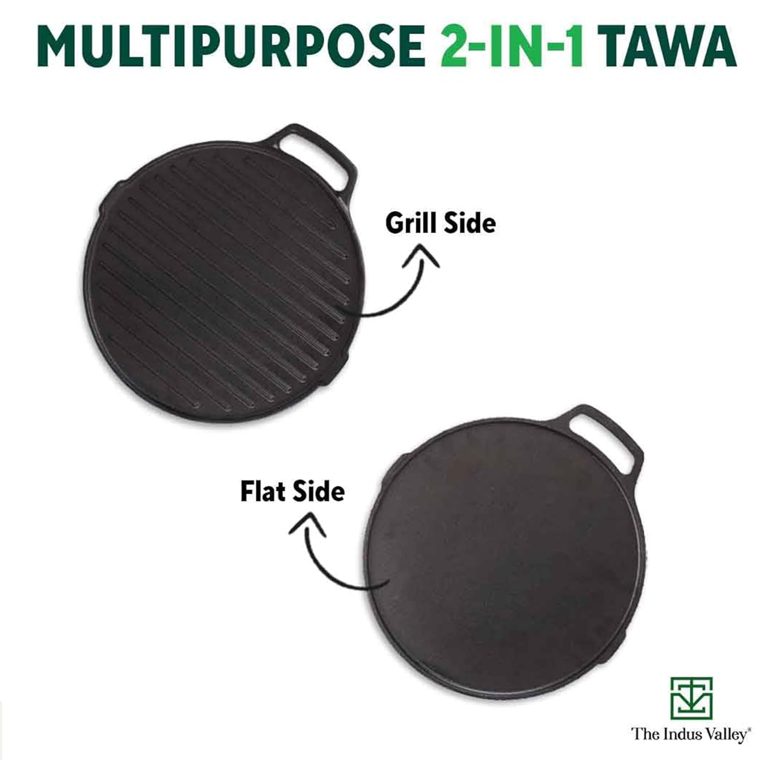 Pre-Seasoned Black Cast Iron Round Griddle Pan With Double Handle - Medium, 26 Cm, 10.2 Inch, 2.1 Kg | Gas Compatible, 100% Pure & Toxin-Free, No Chemical Coating