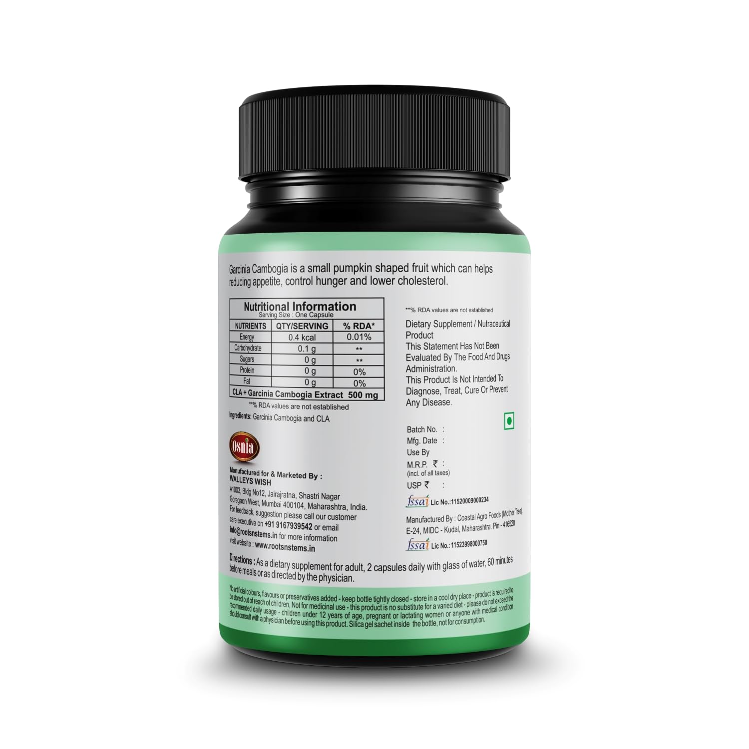Osnia Cla + Garcinia Cambogia Extract 500mg Supplement, Support Digestion, Boost Energy, Develop Lean Muscle & Reduce Waist | 60 Capsules 100gm 0.2lbs Each Pack Of 2