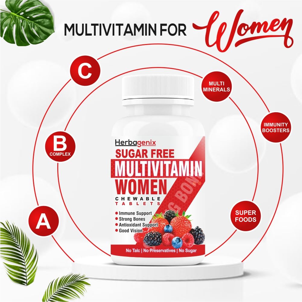 Herbagenix Multivitamin For Women, With Zinc, Vitamin C, D3, B12, Folic Acid, Biotin & Multiminerals, Antioxidant, Immunity & Superfoods Blend | 60 Chewable Tablets , 100gm 0.2lbs