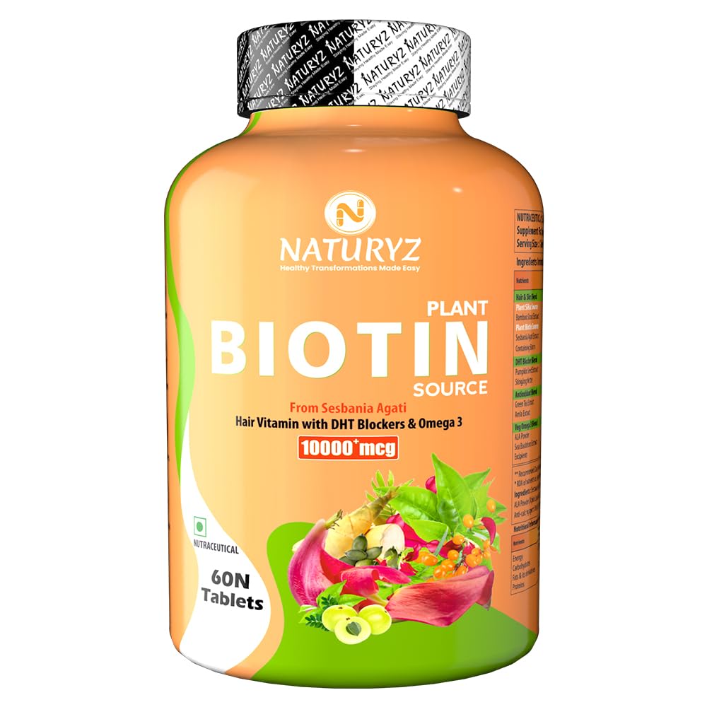 Naturyz 100% Plant Based Biotin Tablets With High Protein Vitamin Dht Omega 3 For Strong Hairs, Nails Growth & Glowing Skin | 60 Tablets , 100gm 0.2lbs