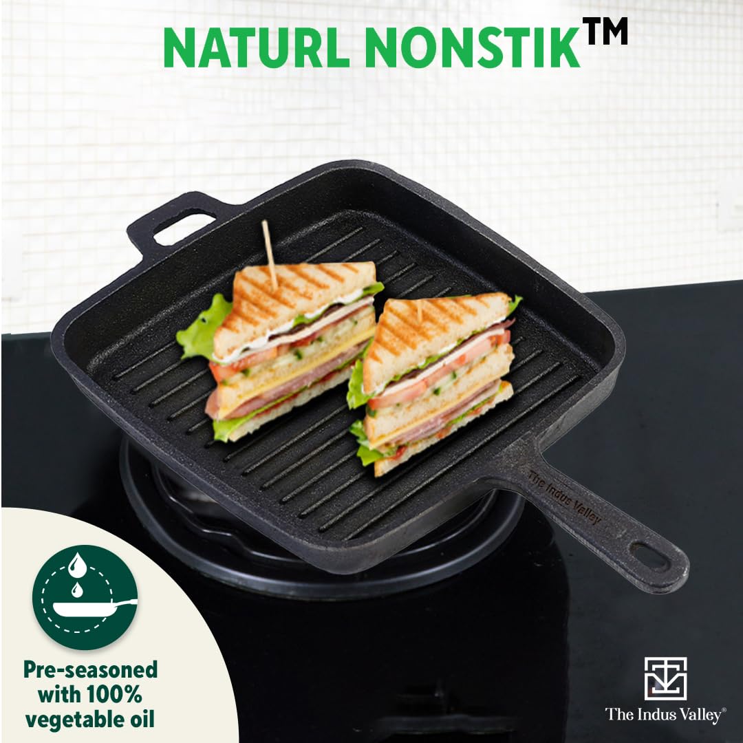 Pre-Seasoned Black Cast Iron Grill Pan With Long Handle - Medium, 25 Cm, 9.8 Inch, 1.5 Ltr, 3.4 Kg | Induction Friendly, 100% Pure & Toxin-Free, No Chemical Coating